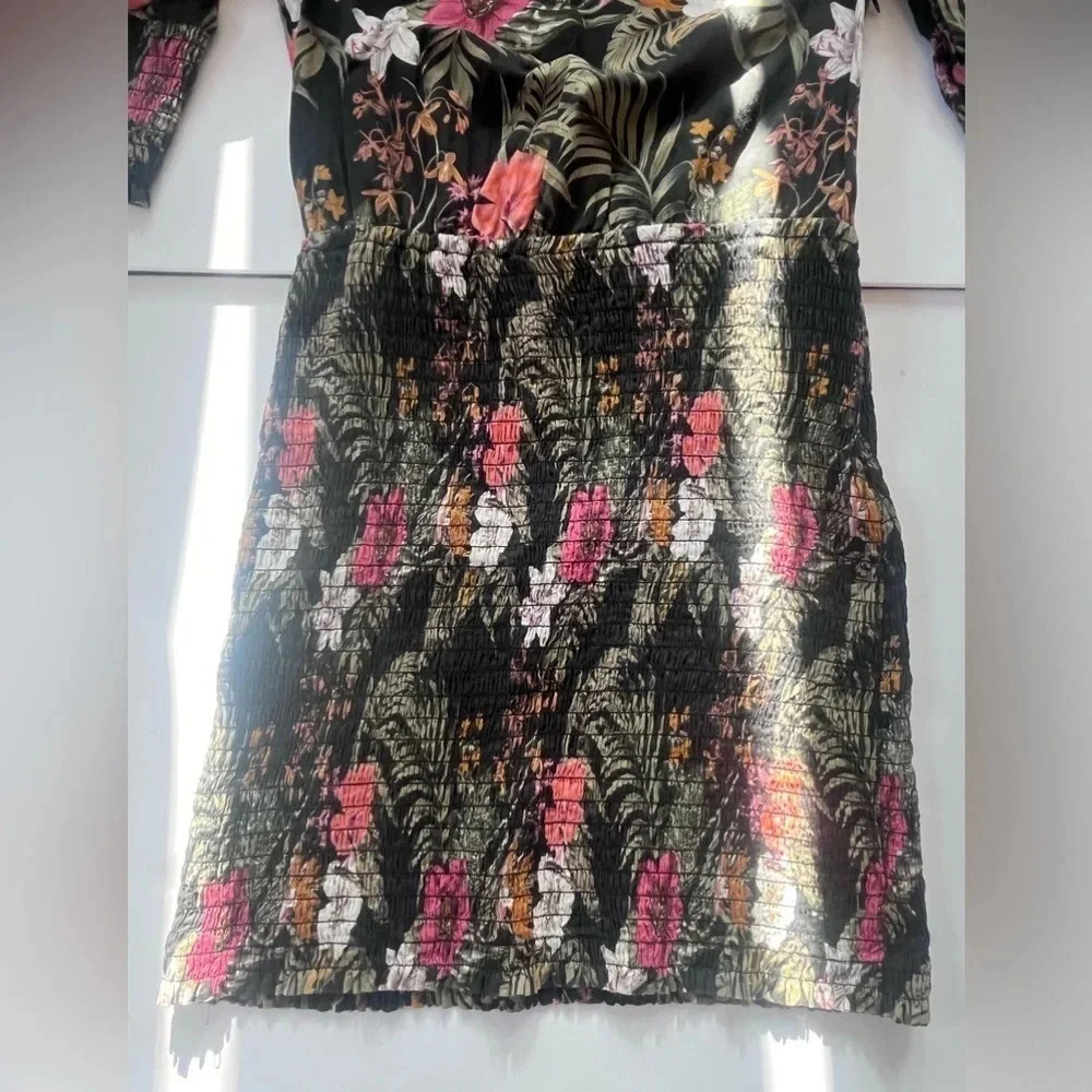 Rebecc Minkoff Black Floral Print Puff Sleeve Smocked Geneva Mini Size S - Picture 2 of 11